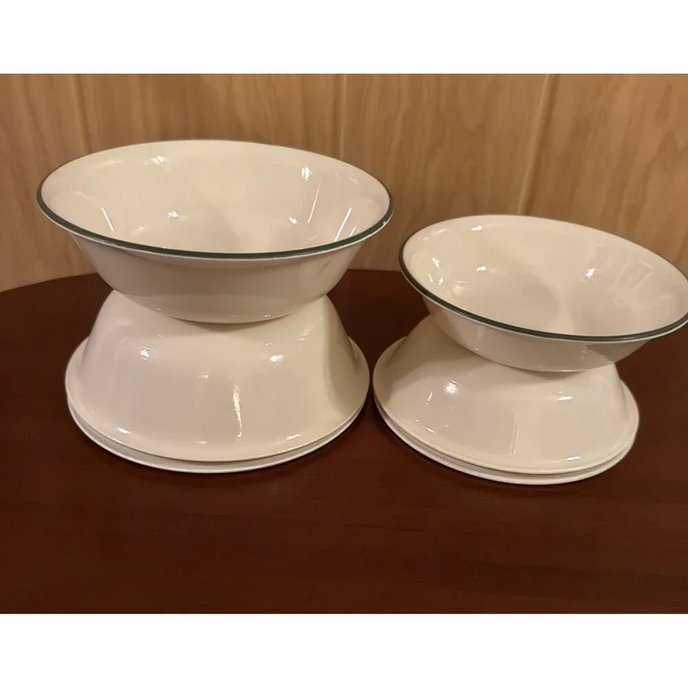 Set Of 6 Corelle Home Garden Birdhouse 3 Cereal Bowls &3 Dessert Green Strip GUC